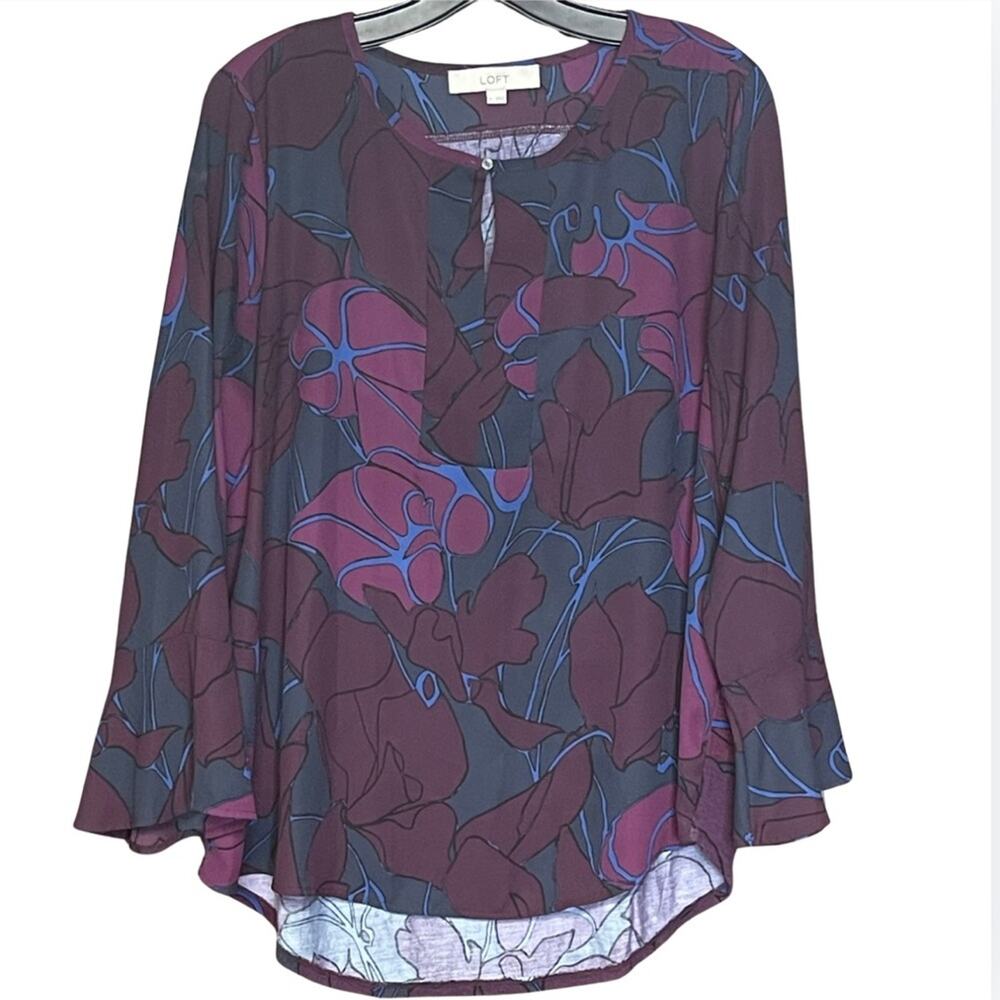 Ann Taylor LOFT bell sleeve top blue purple flowy lightweight bohemian size Med